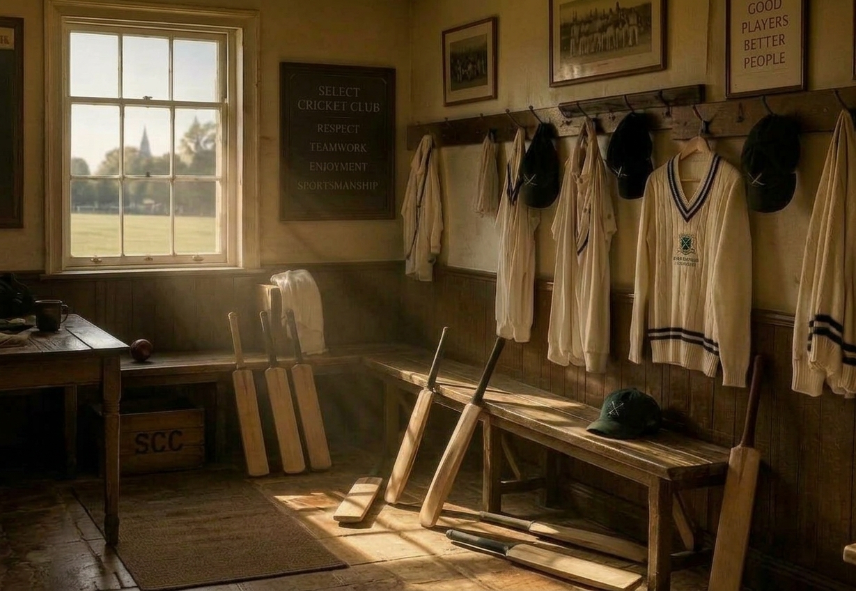 Cricket whites and caps hanging in a club dressing room
