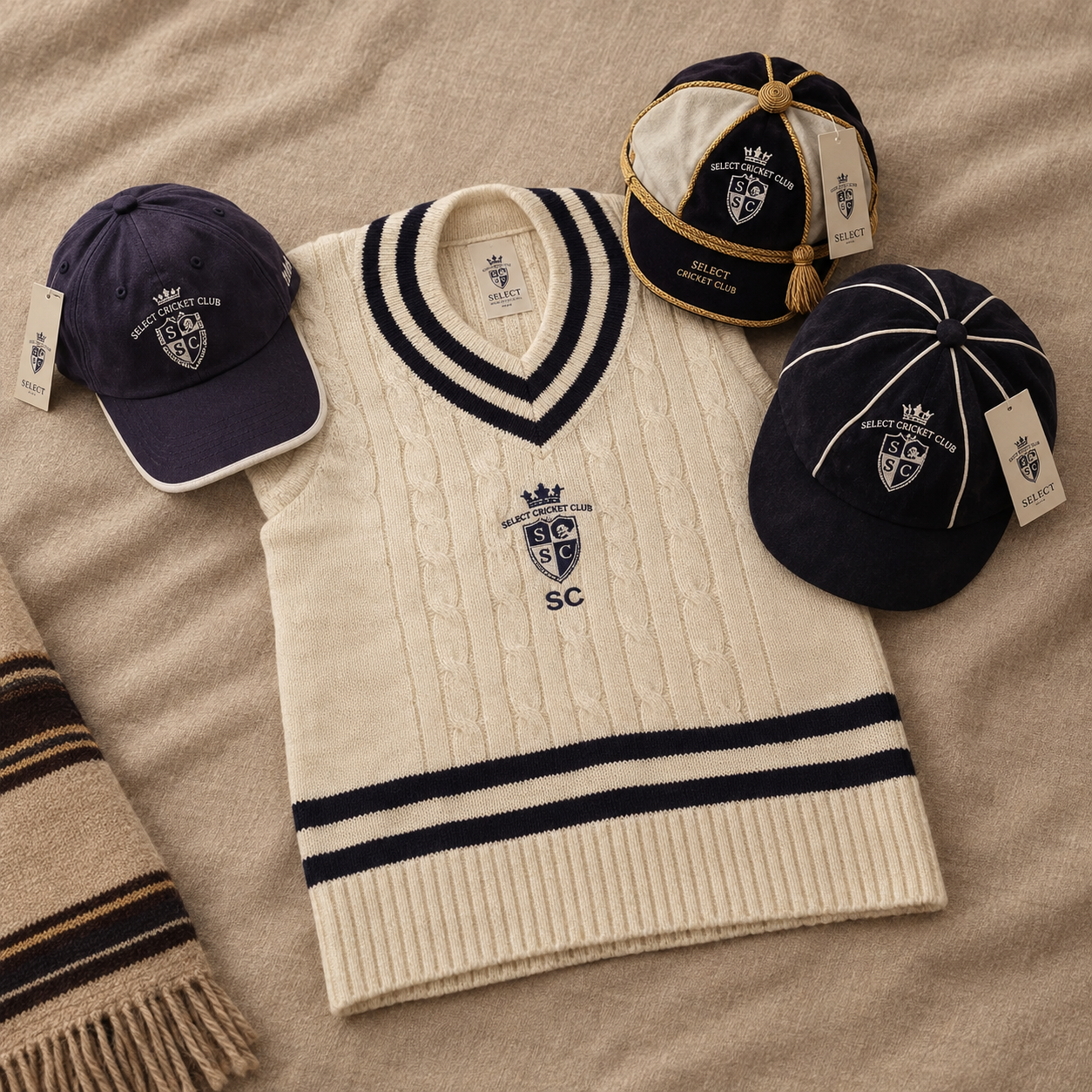 Select Cricket Club sweater vest, cricket caps and scarf laid out together